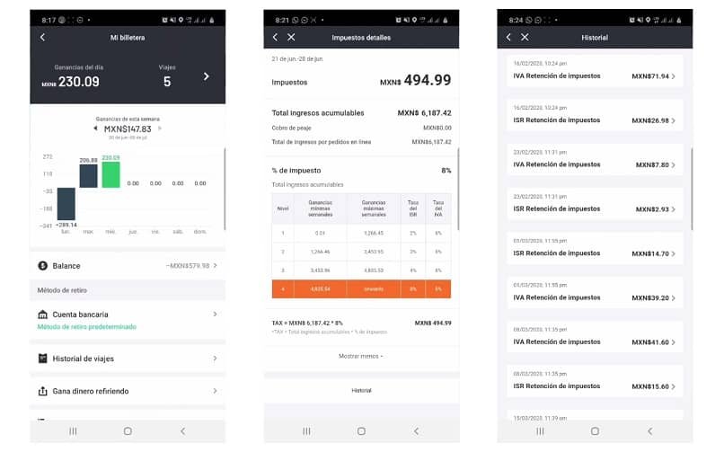 captures d'écran du conducteur didi pour voir la retenue d'impôt